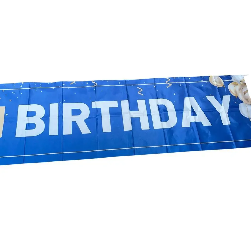 Happy 18th Birthday Banner Blue Gold Wall Flag Ribbon Party Backdrop 9.5ft Sign